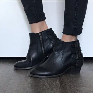 New NIB H by Hudson Encke Leather Ankle Boot Bootie US 7 EU 38 Coal Black Buckle